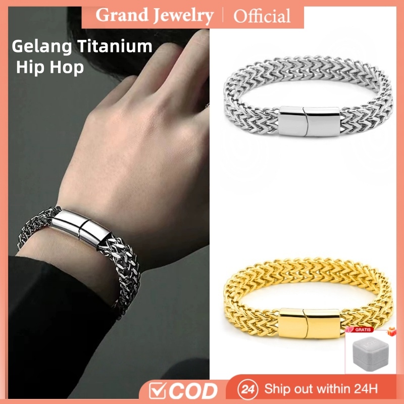 Gelang Hip Hop Rantai Perak Emas Pria Stainless Steel Besar Keren Punk Titanium Anti Karat