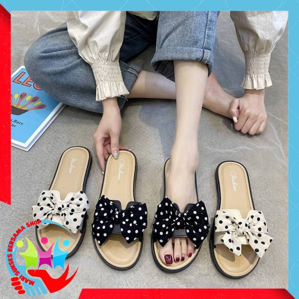 MSBS Sandal Flat Jelly Pita Polkadot Empuk Sol Rubber Kekinian 6594 Flat Shoes Elastis Tebal Fashion
