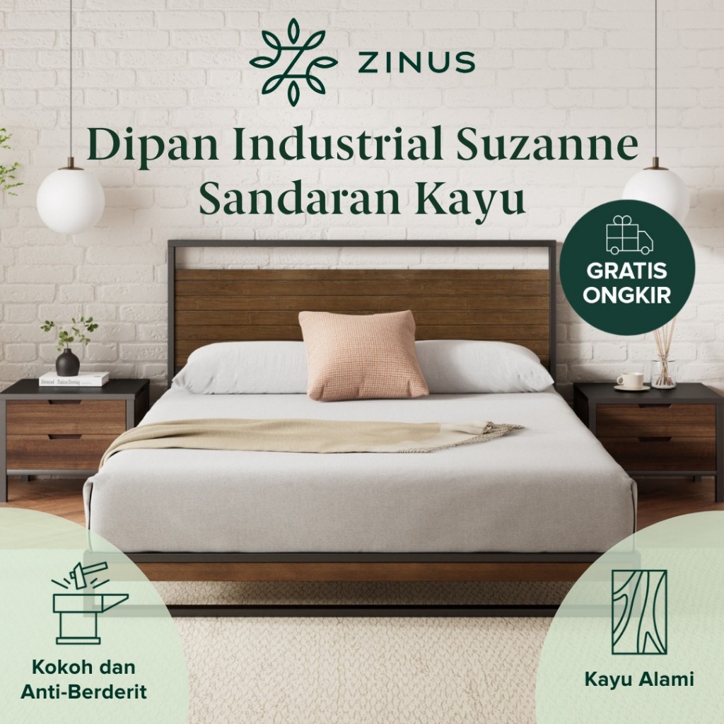 Dipan Tempat Tidur Minimalis Zinus Suzanne Sandaran Ranjang Besi dan Kayu Bed In a Box