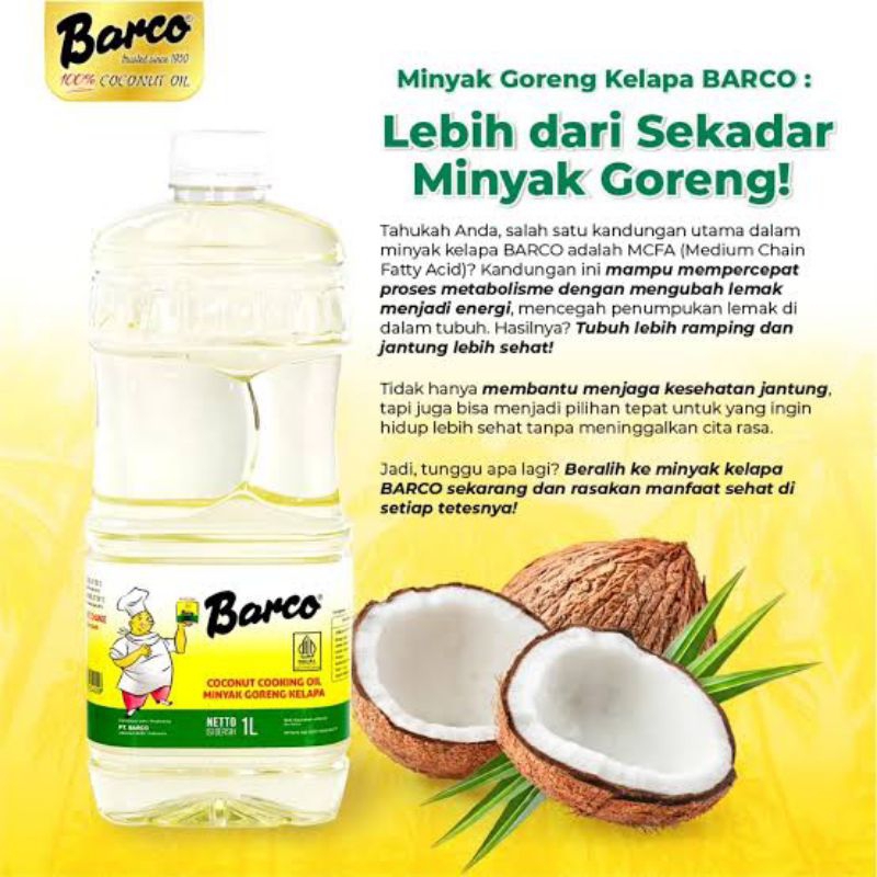 

1litar Minyak Goreng Kelapa Barco - 100% Minyak Kelapa Kopra Pilihan - Minyak Goreng pilihan keluarga sehat