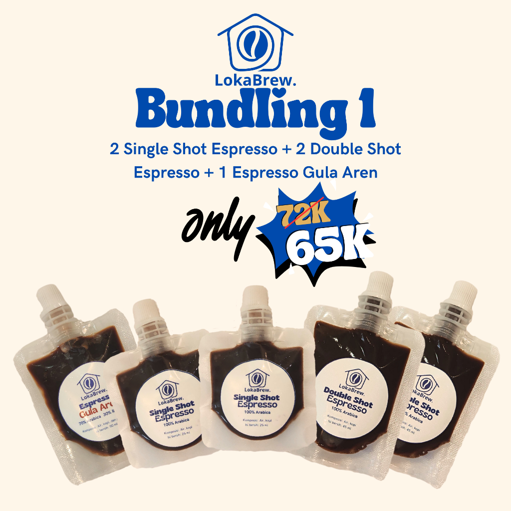 

Bundling 1 | Bundling Espresso Pouch | Bundling Kopi | 5 Pcs (2 Single Shot Espresso Pouch, 2 Double Shot Espresso Pouch, 1 Espresso Pouch Gula Aren)