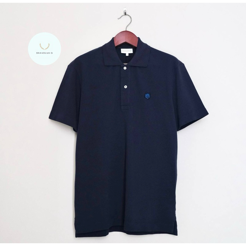 Maison Kitsune Polo Shirt Bold Fox Patch Short Sleeve in Ink Blue & Lake Blue