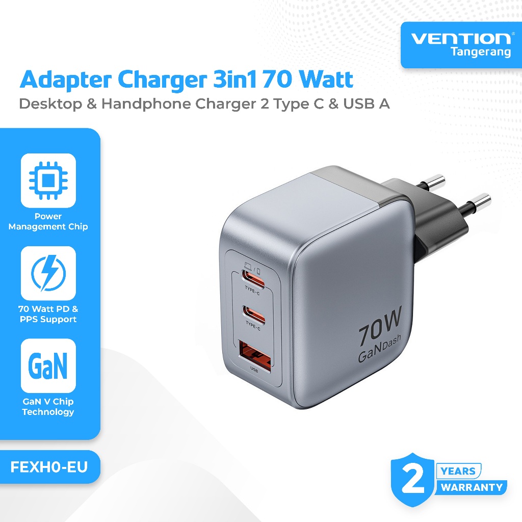 Vention Adapter Kepala Charger 3 in 1 70W 2 Type C - USB A GaN5 Dash Series Fast Charging 70W/70W/22
