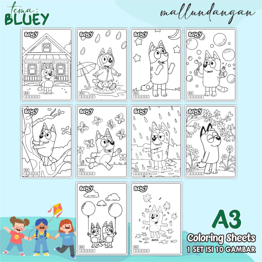

LEMBARAN MEWARNAI ANAK A3 - TEMA BLUEY - PAPER COLORING SHEETS FOR KIDS