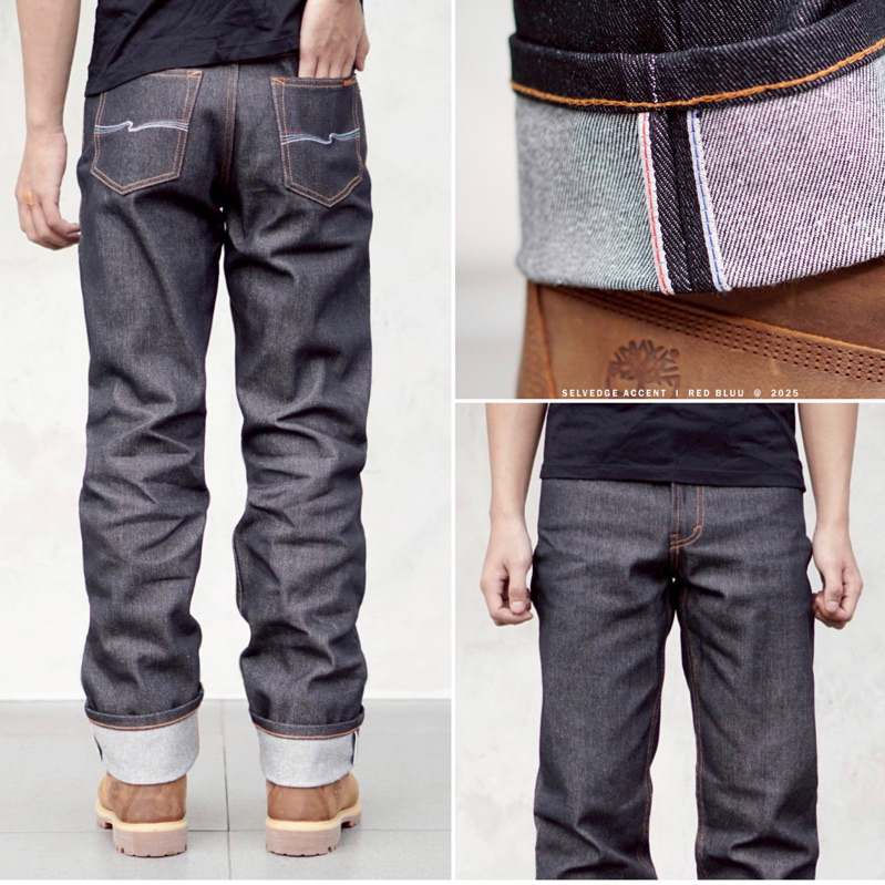 RAW DENIM 15OZ - Celana Denim Selvedge Accent 15oz Kaku - Raw Denim Black Indigo Slim Straight (FADI