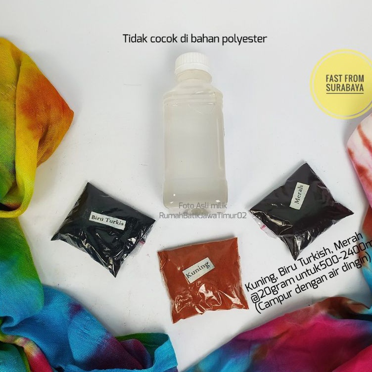 

KODE Q25S PAKET PEWARNA TIE DYE 3 REMASOL 2 Gram Air Suhu Dingin ikat celup shibori jumputan