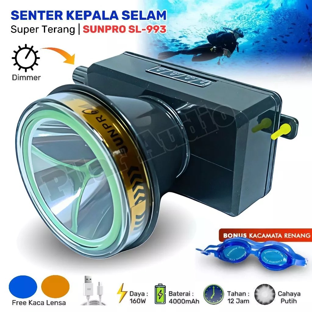 Sentera Kepala Selam Super Terang Sunpro SL-993 160W DIMMER Cahay Putih / Headlamp Diving Sunpro 160