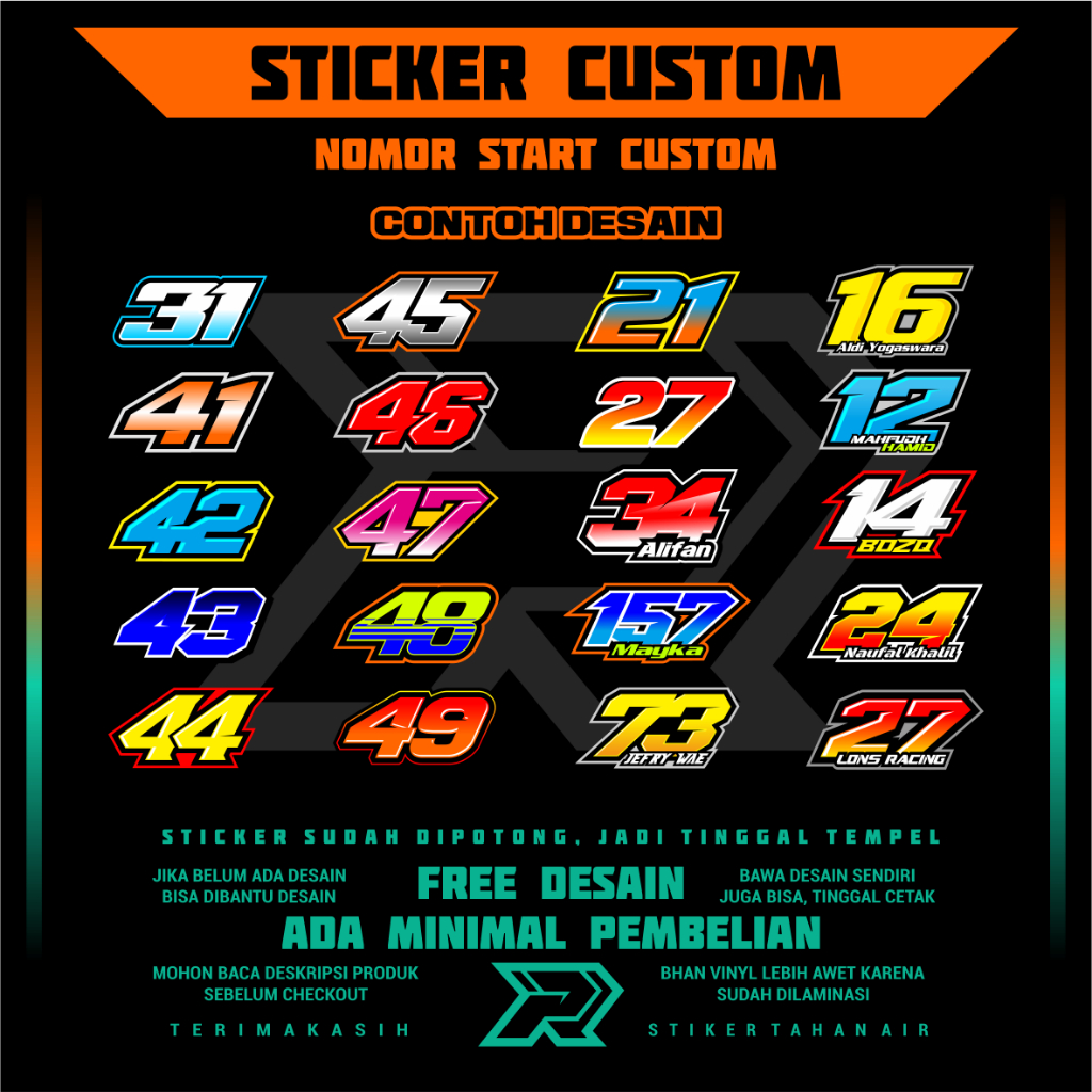 STIKER STICKER NOMOR START CUSTOM CUTT POLA TINGGAL TEMPEL FREE DESAIN