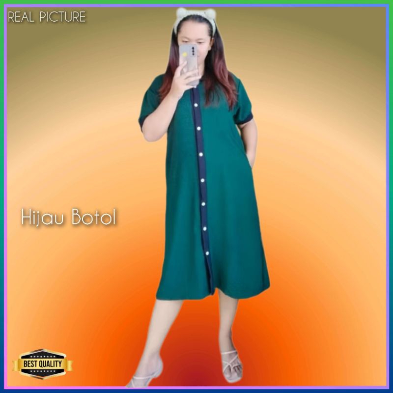 Baju Gaun Jumbo Wanita LD 115 Midi Dress Hamil Pesta Korea Maternity Hijau Botol