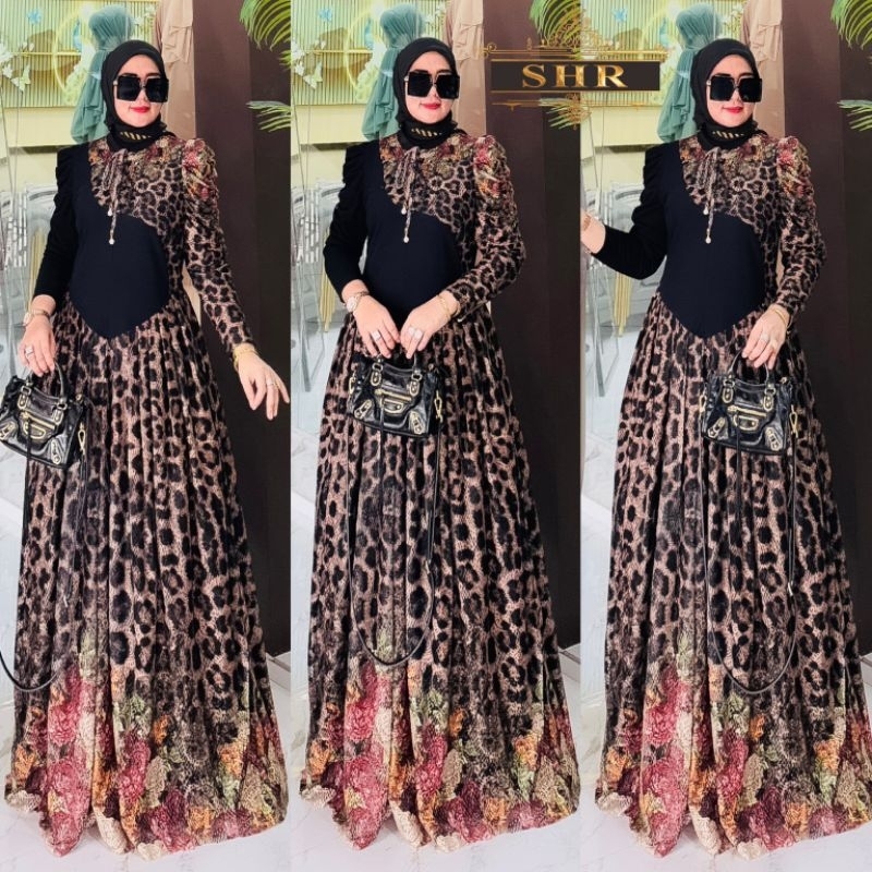BY SHR ORI NEW READY MAXI DRESS LANGSING LEOPARD BRUKAT RAJUT BY SHR ORI SHR