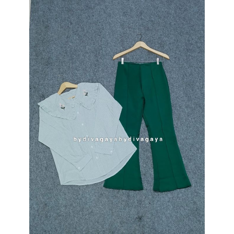 Setelan Wanita Ayudia Atasan Blouse Salur dan Celana Cutbray Scuba Panjang Fashion Kekinian