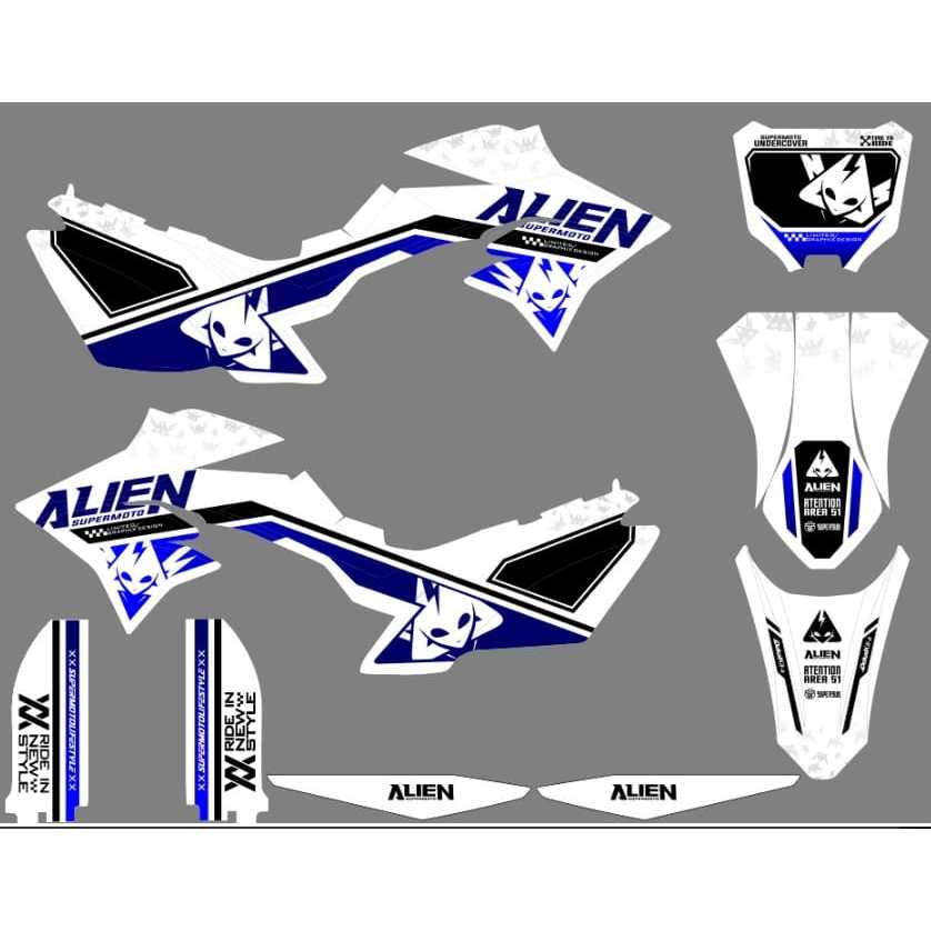 Stiker decal motor klx new dtracker motif ALIEN PUTIH BIRU