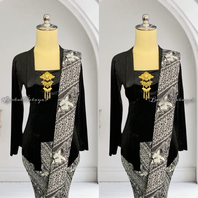 Setelan Kebaya Kutu Baru Bordir Warna Hitam / Kebaya + Selendang + Jarik Wiru