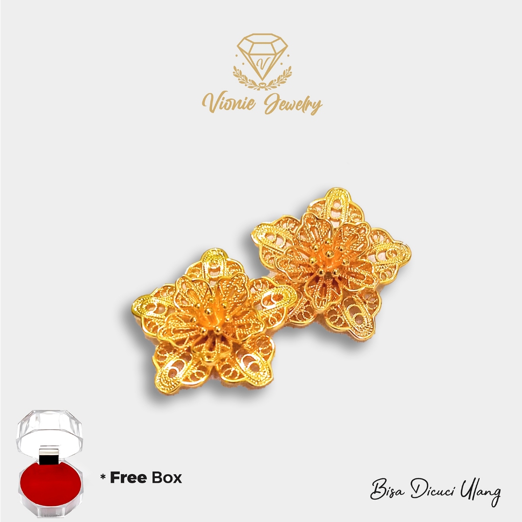 Anting Bunga Kendari Bali Warna Emas 24Krt Anting Wanita Replika Perhiasan Premium