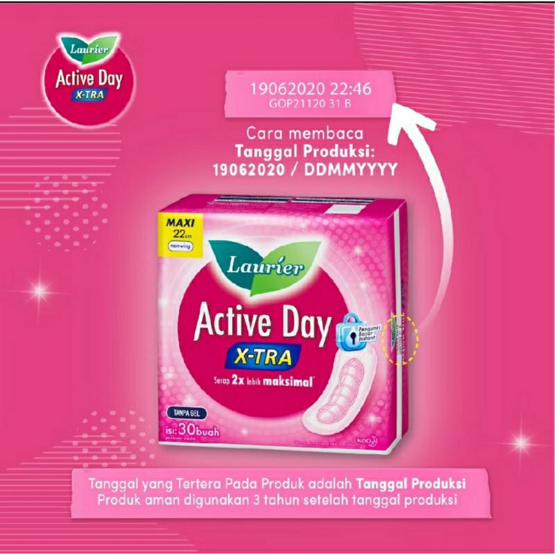 Laurier Maxi 22cm isi 30 Non Wings Active Day Xtra Dry Pembalut Wanita Dewasa Cewe Cewek Perempuan A