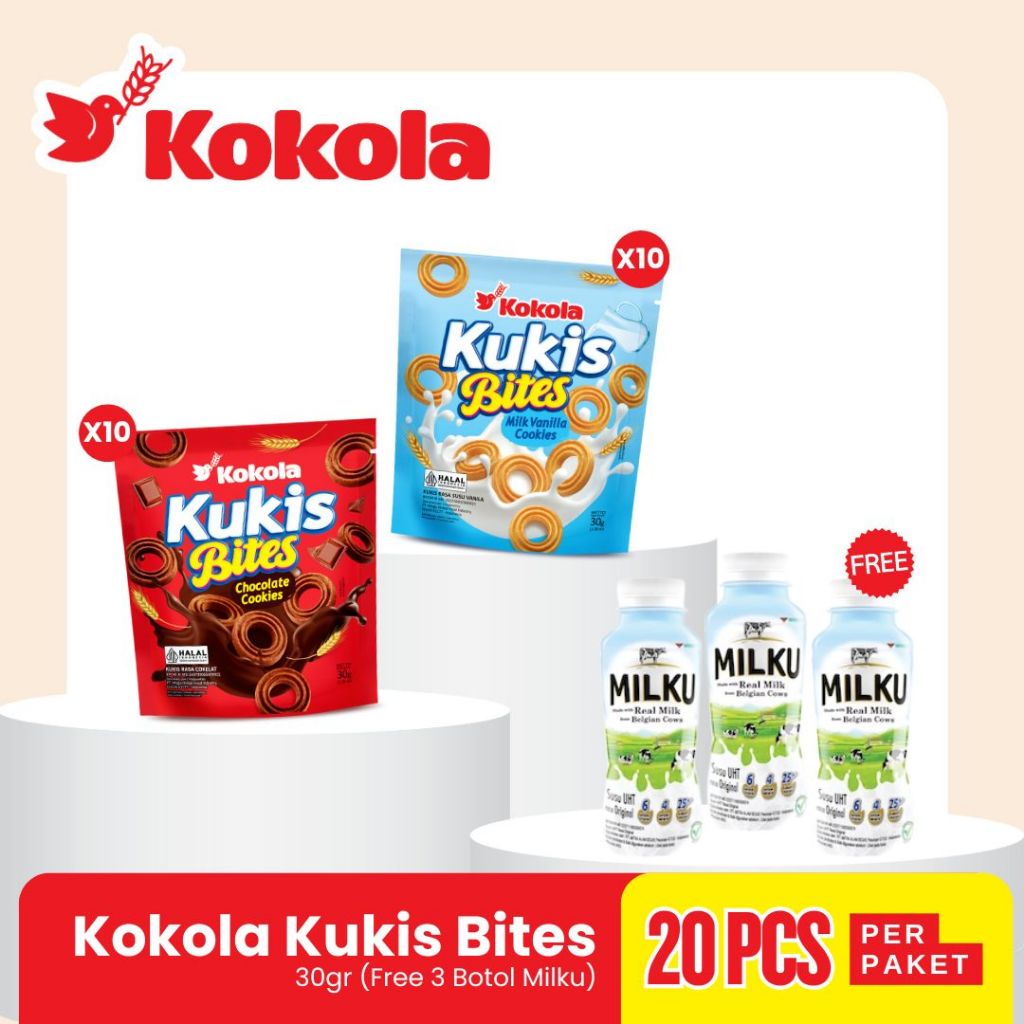 

Kokola Biskuit Kukis Bites (Isi 20 Pouch) - Gratis 3 Botol Milku - Cemilan Cookies Manis