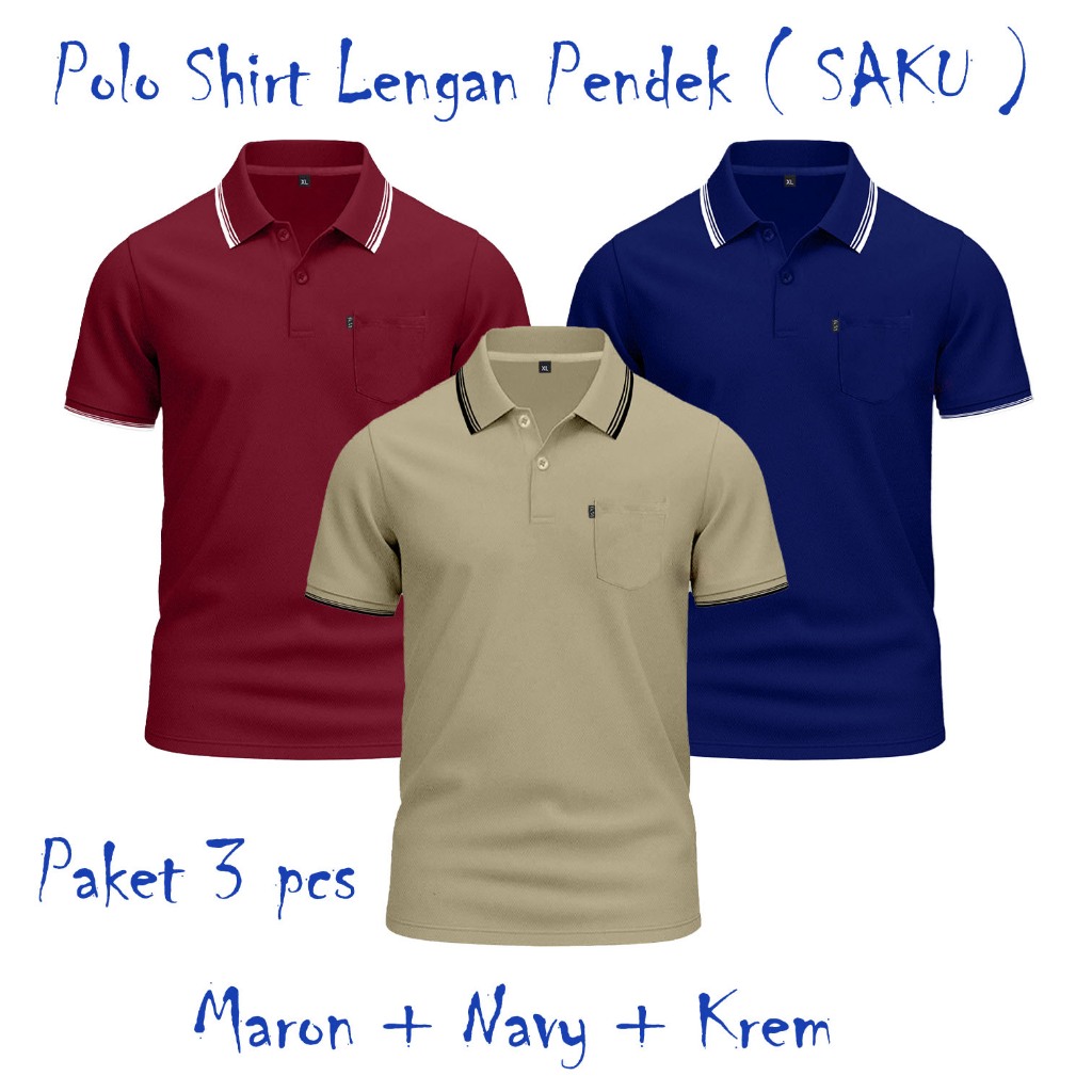 KPS | Paketan 3 pcs Kaos Krah Polo Saku Kantong Lengan Pendek / Polos Shirt Lakos Polos