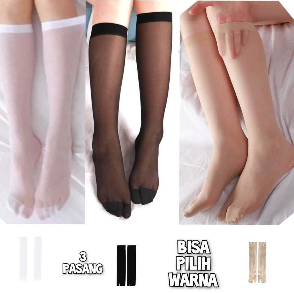 IBEL - 3 Pasang Kaos Kaki Jempol Tipis Transparan Kaos Kaki Stocking Wanita Lutut Elastis Stoking Je