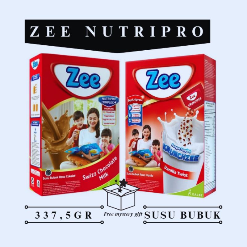 

zee nutripro rasa swizz chocolate milk dan krunchzee vanila twist kemasan 337,5gr