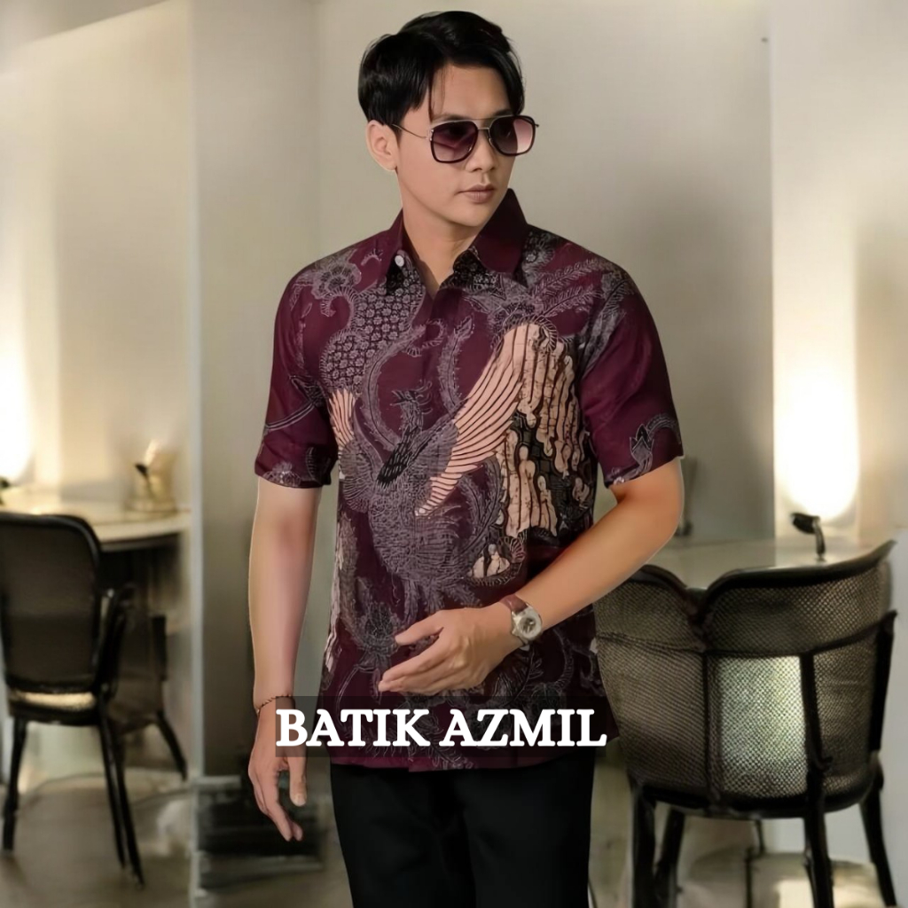 Kemeja Batik Pria Modern BATIK AZMIL Lengan Pendek Casual Modis Regular Fit Trendy Masa Kini OL 162