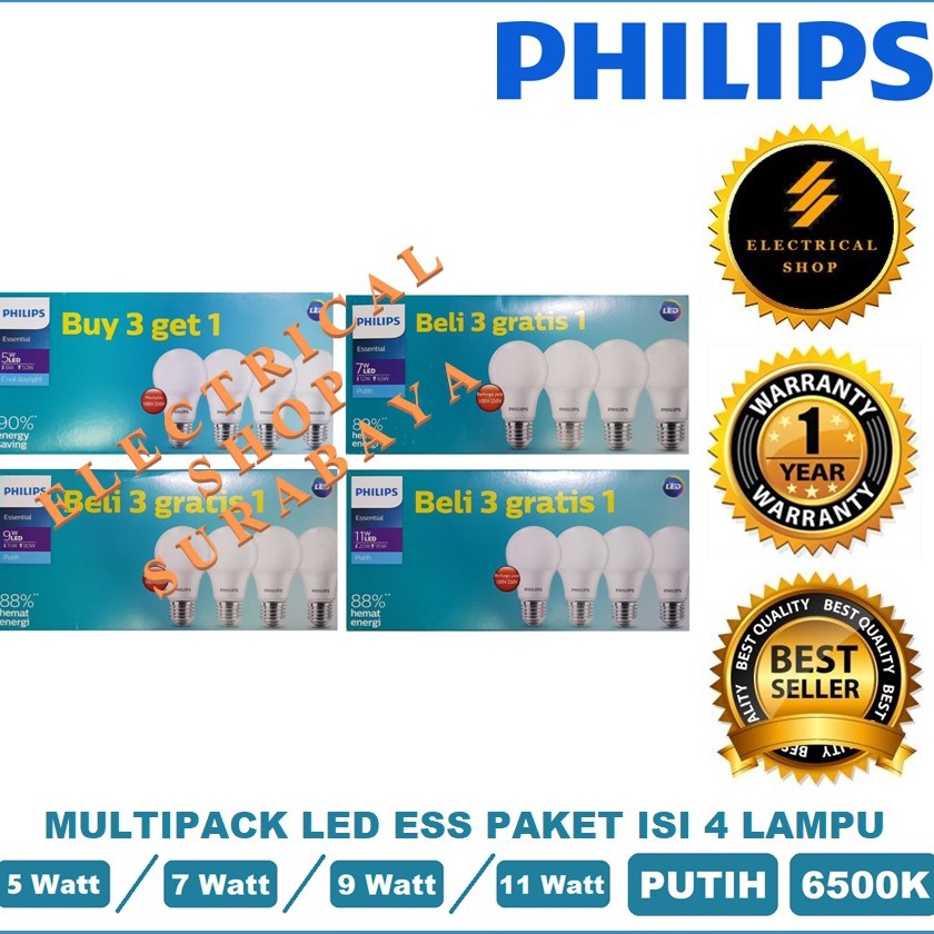 Trendy PAKET ISI 4 LAMPU PHILIPS LED 5W 7W 9W 11W BUNDLING MULTIPACK ESSENTIAL GROSIR 5 7 9 11 W WAT