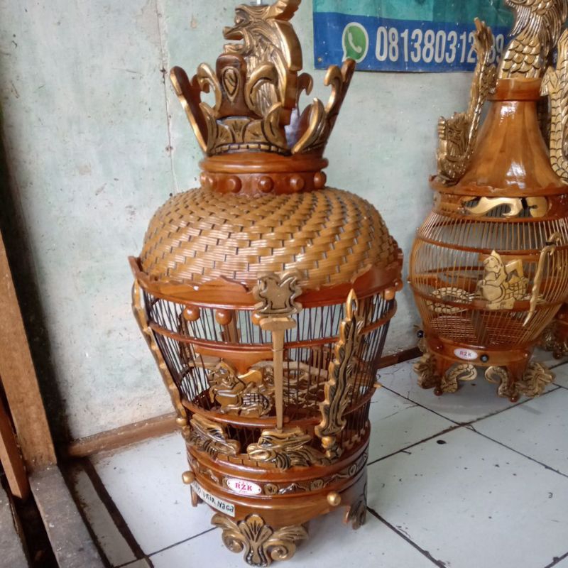kandang burung / sangkar mataram ukir kayu jati gratis cepuk karpet