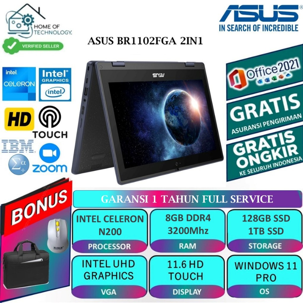LAPTOP 2in1 ASUS BR1102FGA N200 RAM 8GB 1TB SSD 11 INCH TOUCHSCREN WINDOWS 11 OFFICE 2024