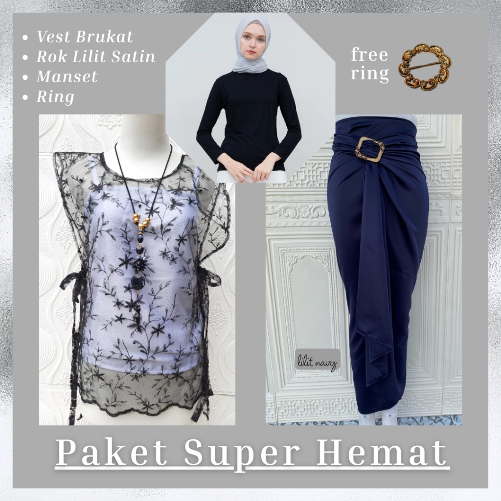 (Paket 4in1) Oneset Vest Brukat Kebaya Outer Tali Samping Rok Lilit Satin Polos Baju Kondangan Wanit