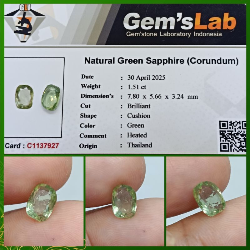 Natural Green Sapphire 1,5ct cutting Heat Only memo GLI Safir Thailand