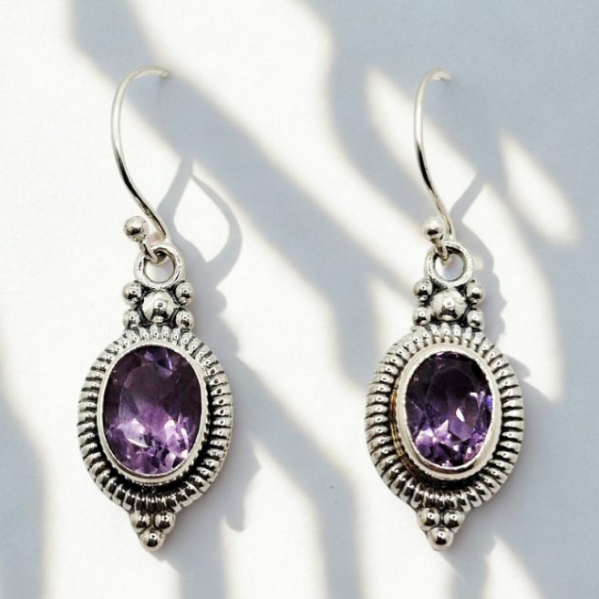 Anting Hook Perak Asli Permata Amethyst Ungu Produksi Bali