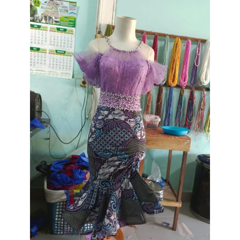 Gaun Kekinian Lilac kombinasi batik