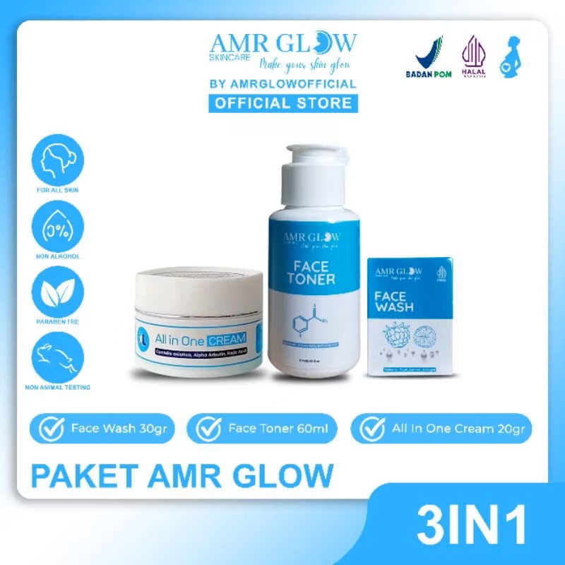 AMR GLOW New - Paket AMR Glow Skincare All Skin x1 Paket 3in1 Dengan 1pot Cream Extra isi Netto 20gr