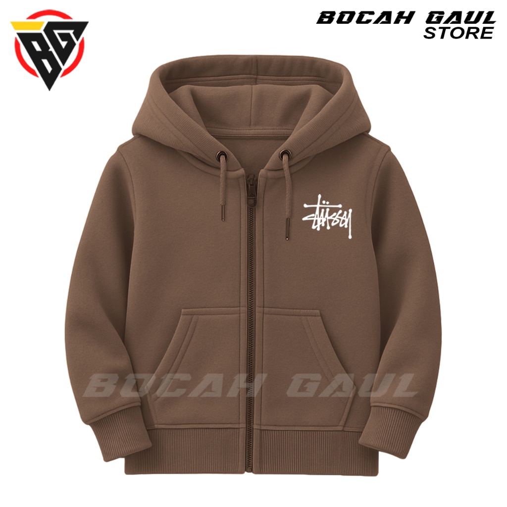 Jaket Sweater Hoodie Anak Laki-laki Perempuan 4-13 Tahun STUSSY Bahan Fleece Tebal Premium