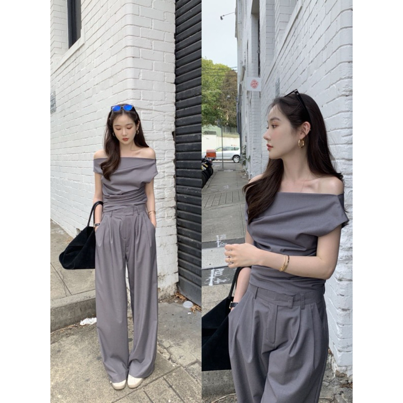 7496  Nadine Slipped Shoulder Top with Cullote Pants Set / Set Atasan Wanita & Celana Panjang Bahan