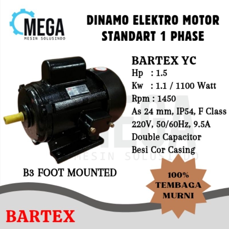 BARTEX Elmot 1 Phase 1.5 HP 1.1 KW rpm1400 Full Tembaga 4 pole Single Capacitor -- Dinamo Electro Mo