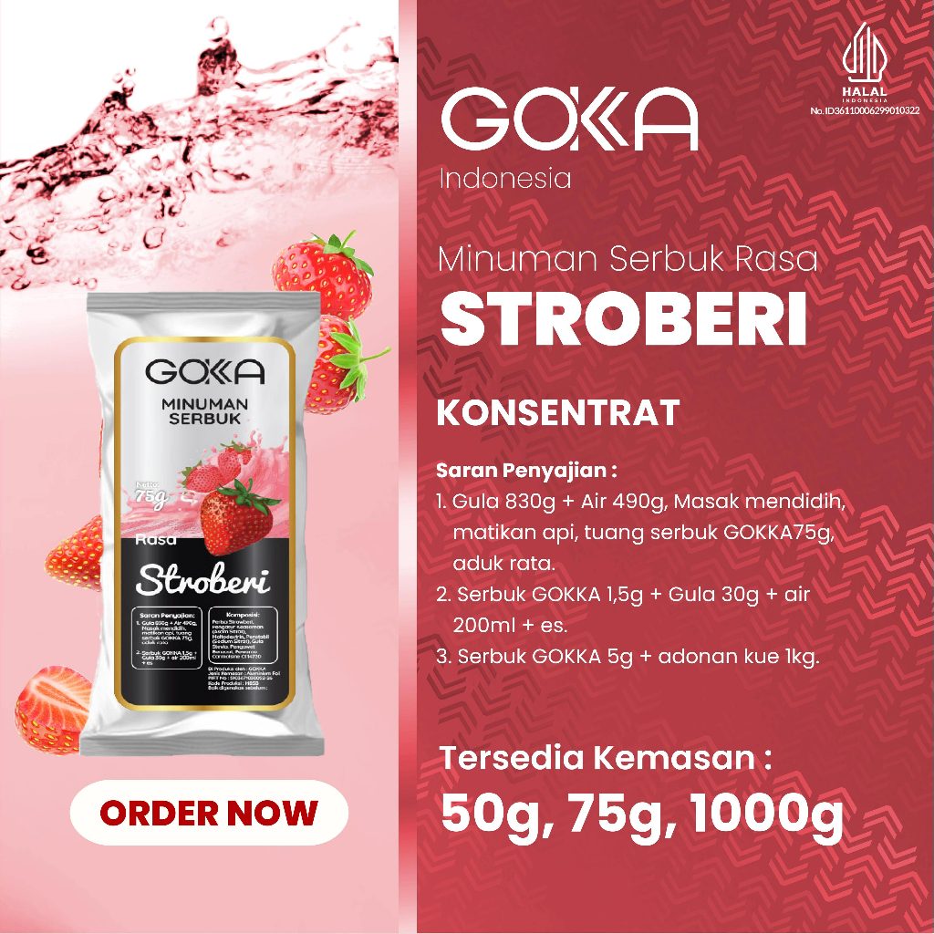 

Bubuk Minuman / Powder Drink Gokka Rasa Stroberi Kemasan 50gr