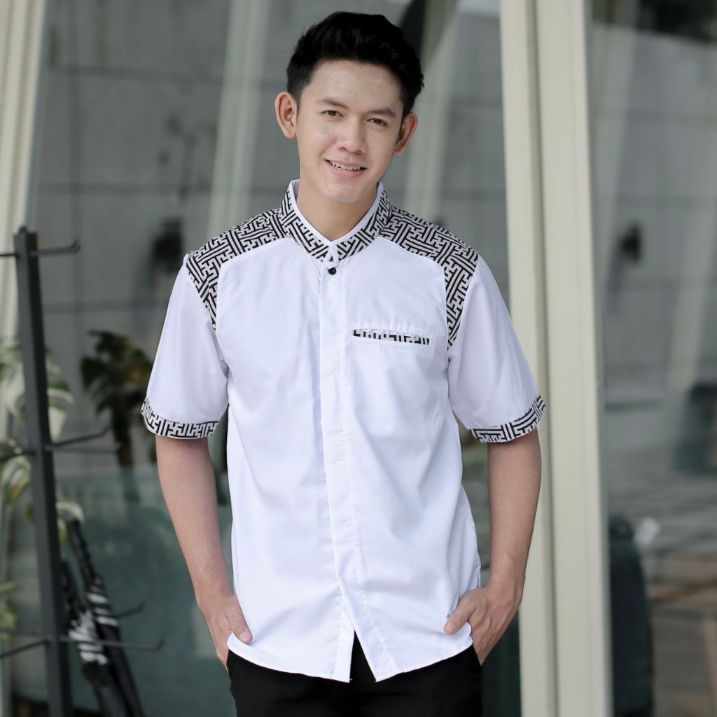 Baju Koko Pria Lengan Pendek Elrumi Motif Araseo Kombinasi Batik Modern