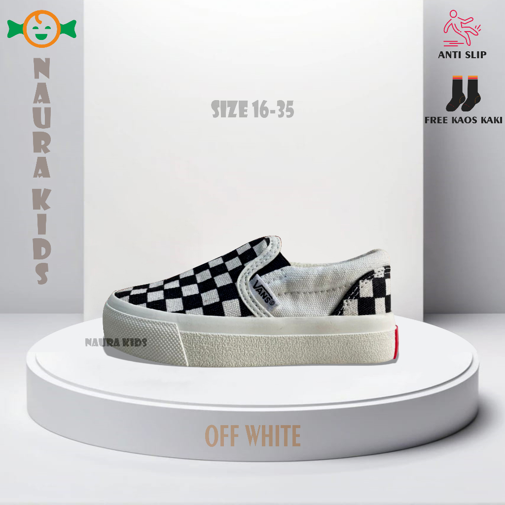 Sepatu Anak Vans Slip On Motif Catur  Off White - Sepatu Anak Vans Slop Motif Kotak Laki laki Peremp