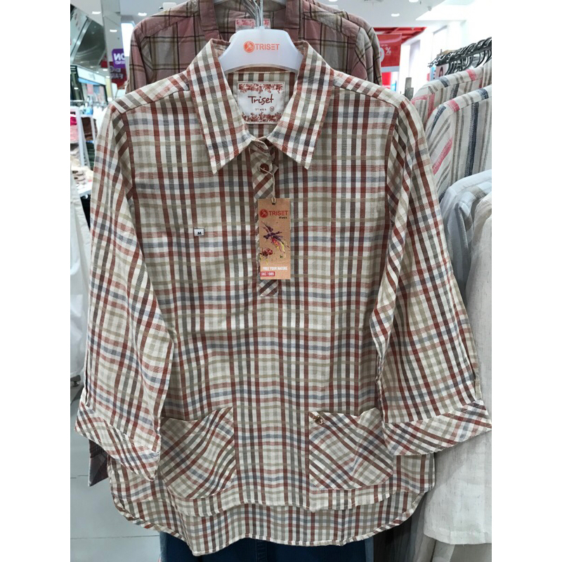 Triset kemeja blouse wanita Kotak-kotak S-XL