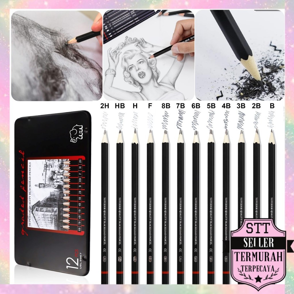 

STT 12 pcs Pensil Gambar Sketsa Set Lengkap 2H H F B HB 2B 3B 4B 5B 6B 7B 8B Charcoal Pencils Set Perlengkapan Lukis
