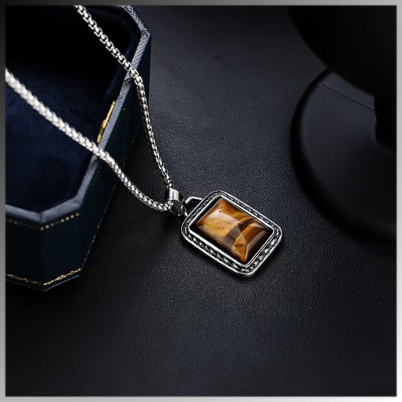 Lucky-1317 Kalung Titanium Asli Pria dengan Liontin Batu Akik Alami - Aksesori Pria Stylish & Premiu