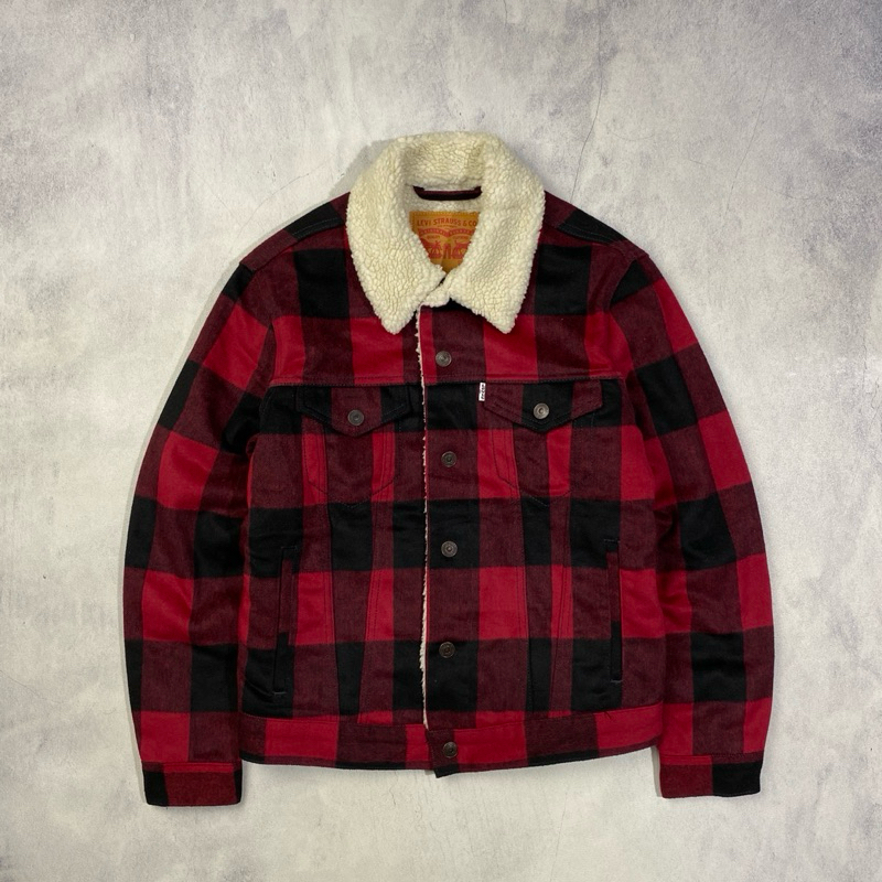 Levis Buffalo Check Plaid Wool Sherpa Trucker Jacket Casua Harrington Work Jacket