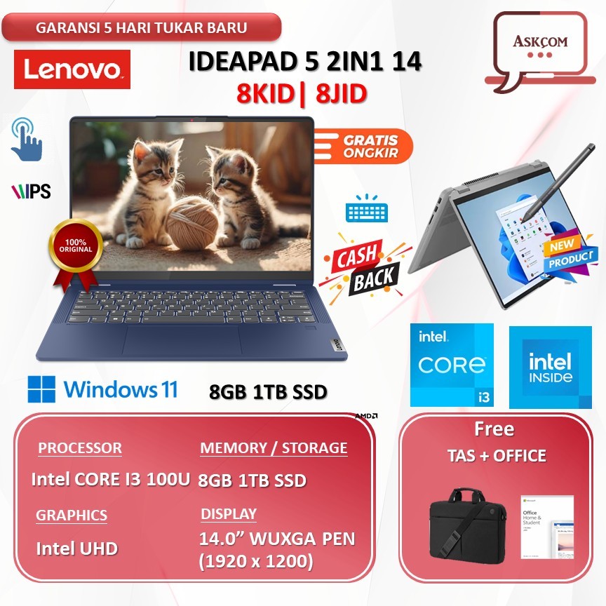 Lenovo Ideapad 5 2IN1 14 Core I3 100U 8GB 1TB SSD W11+OHS 14.0WUXGA PEN 8JID | 8KID