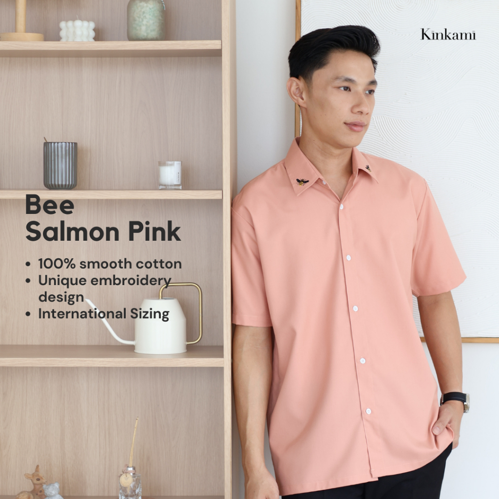Kemeja Pria Lengan Pendek Premium Bordir | BEE Salmon Pink by KINKAMI