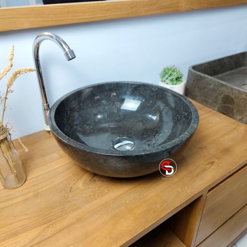 Wastafel mangkok marmer hitam | wastafel estetik | minimalis kamarmandi | free packing kayu