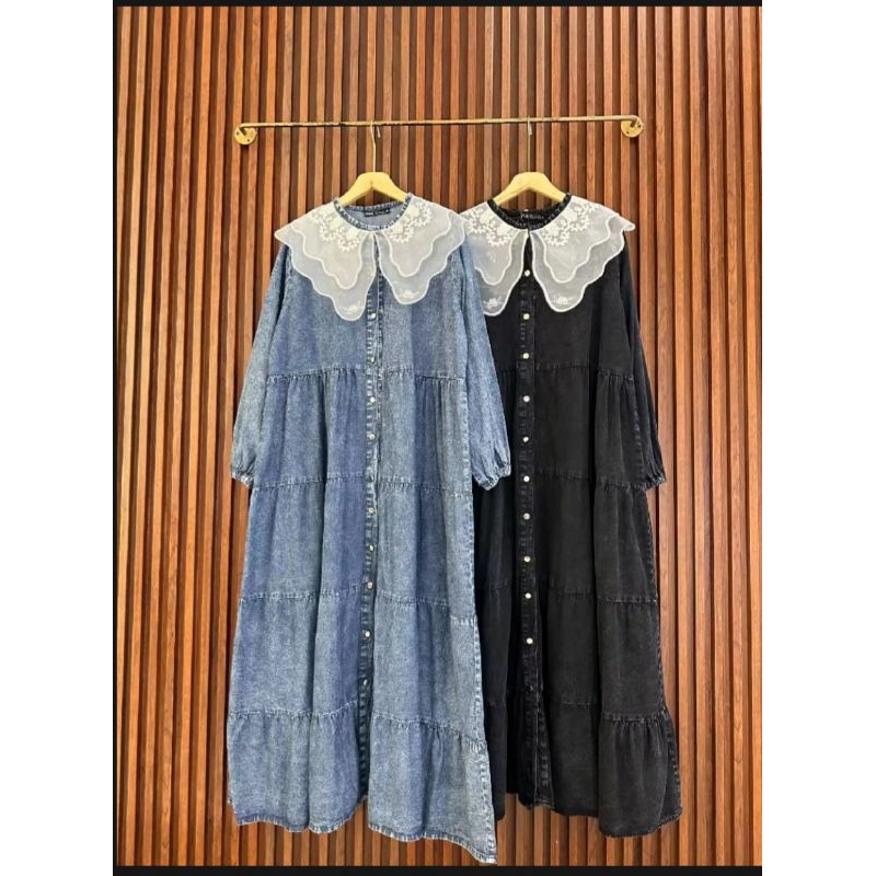 Dress Gamis Jeans Z*ARA Impor Kerah Renda Korea