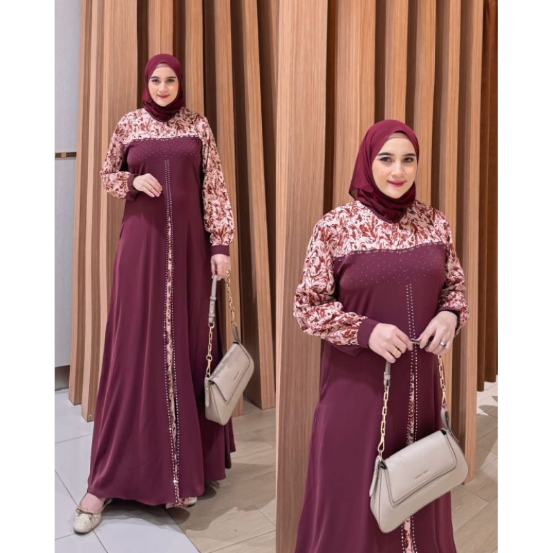 SAYOQ | Livina Dress Premium Motif Zara Crepe Mix Marbella Silk | Gamis Busui Friendly