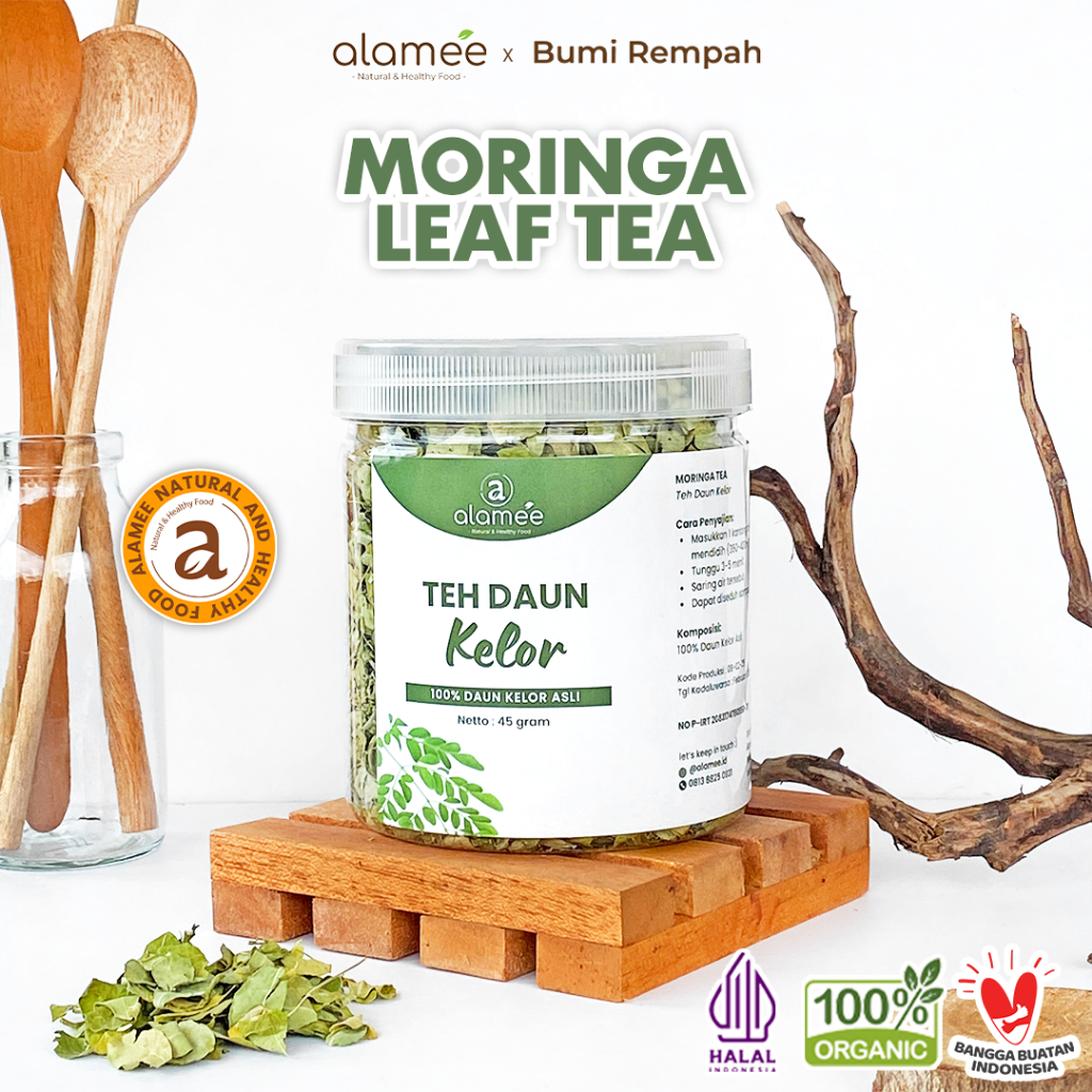 

ALAMEE Teh Daun Kelor Herbal Alami Moringa Tea Flower Asli Kering Organik Siap Seduh Minum 45gr
