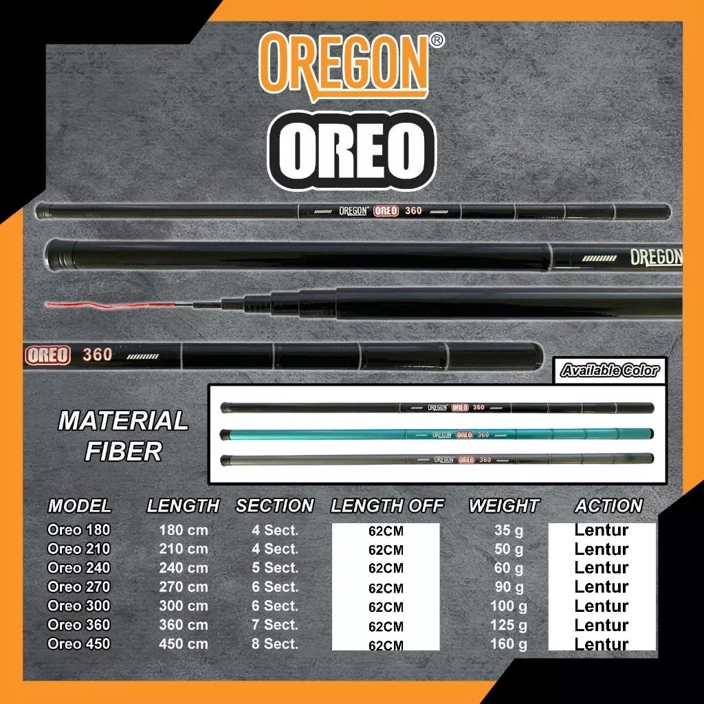 Tegek Lentur Oregon Oreo 180 210 240 270 300 360 450 Fiber Joran tegek