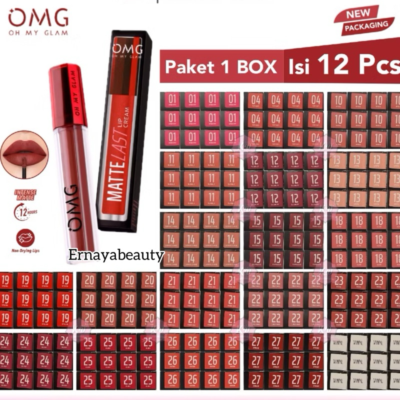 OMG Oh My Glam Mattelast Lip Cream / Lipstick Paket 1 Box Isi 12 Pcs | Tahan Lama
